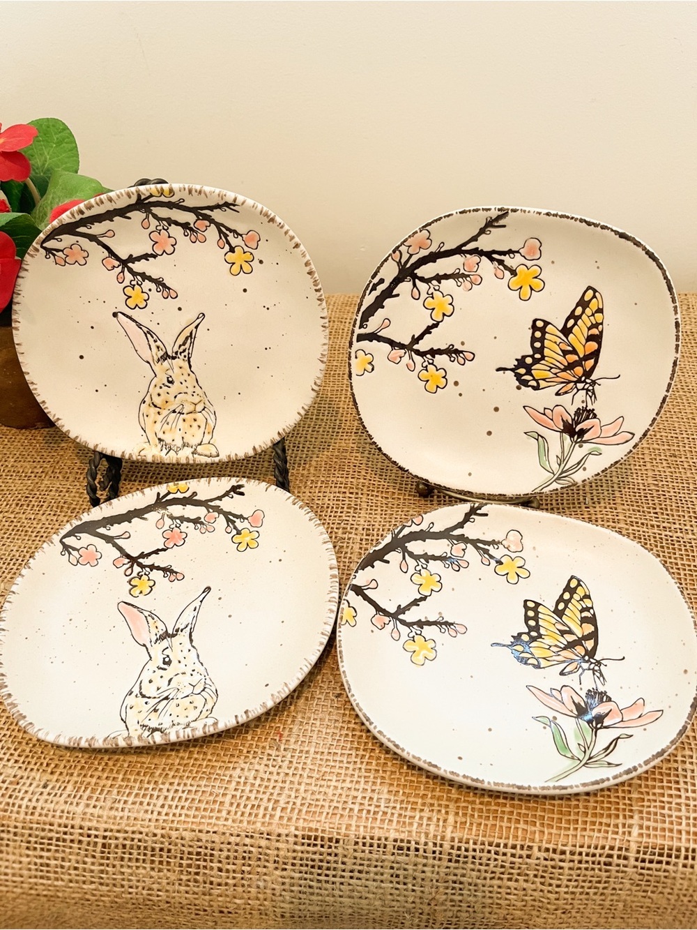 Spectrum Designz 5” Cream Bunny & Butterfly Appetizer Plates Set of 4 Stoneware